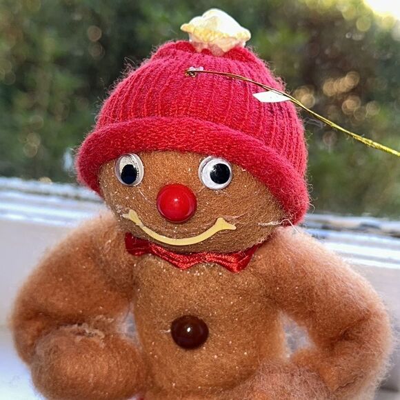 Vintage bendable smiling fuzzy gingerbread man ornament with red cap - Picture 2 of 10